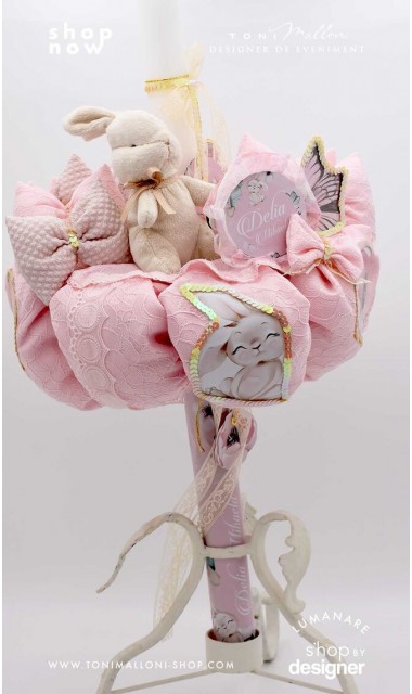 Lumanare botez roz cu iepurasi Spring Bunny 1